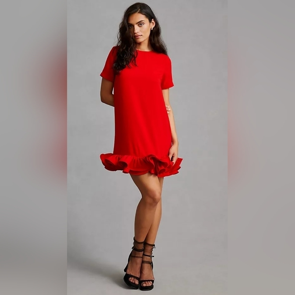 Vineet Anthropologie Bahl Red Ruffle Hem Mini Dress Size L